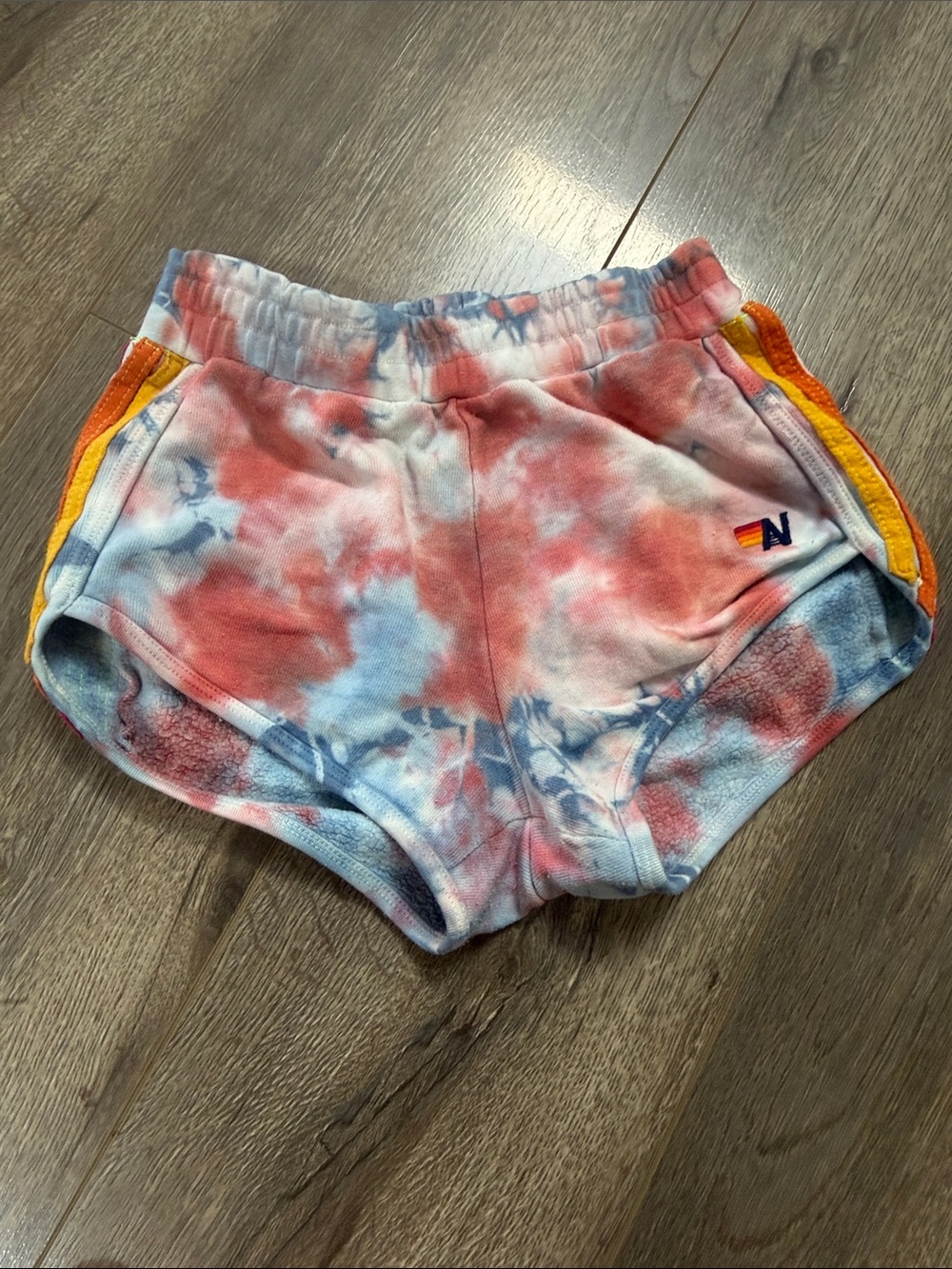 Aviator Nation Coral & Light Blue Tie-Dye Athletic Shorts with Yellow Stripe
